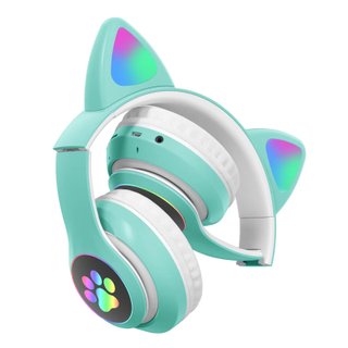 Детские беспроводные наушники Cat Ear STN-28 с ушками и RGB подсветкой Мятные